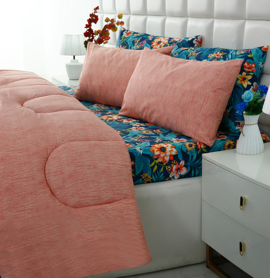 5 PCs Single Razai Set- Tropical Tide (With Pink Reverse) Comforters Apricot