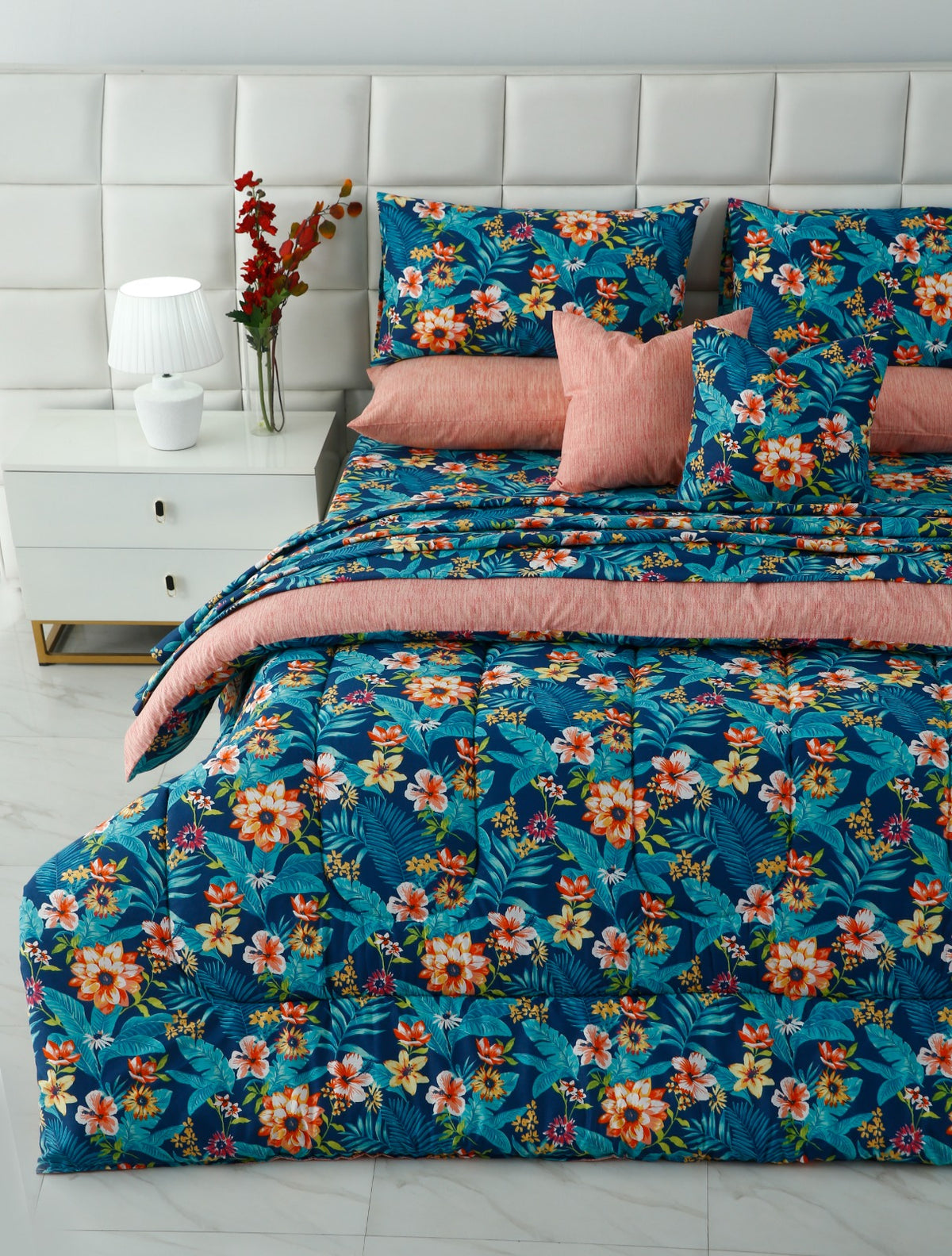 8 PCs Premium Winter Razai Set- Tropical Tide (With Pink Reverse) Comforters Apricot