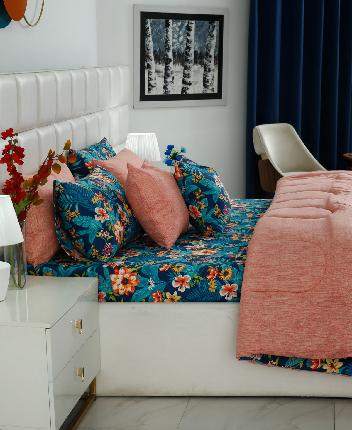 8 PCs Premium Winter Razai Set- Tropical Tide (With Pink Reverse) Comforters Apricot