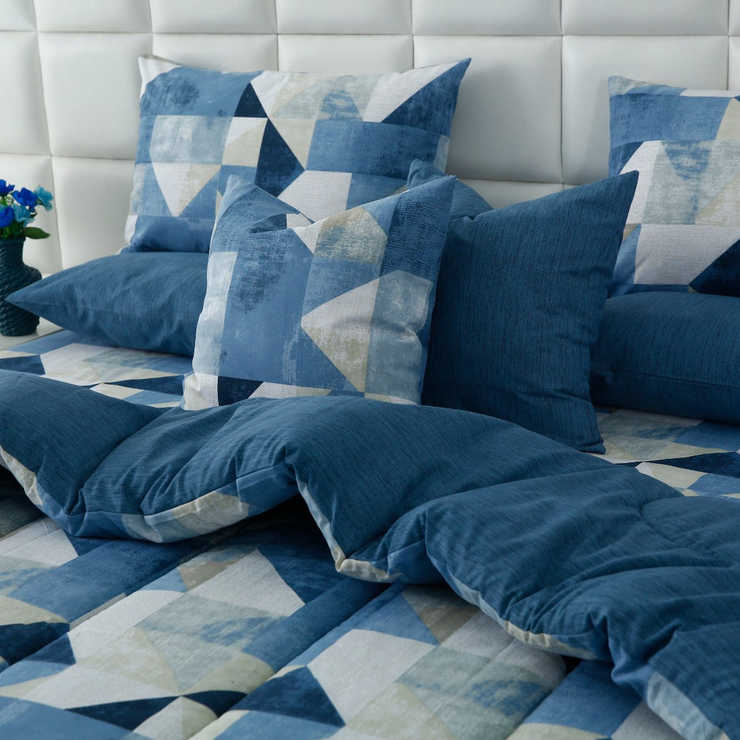 8 PCs Premium Winter Razai Set- Blue Mosaic Comforters Apricot