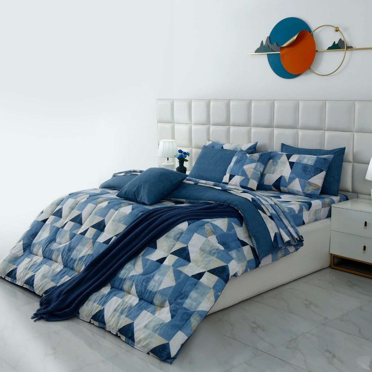 8 PCs Premium Winter Razai Set- Blue Mosaic Comforters Apricot