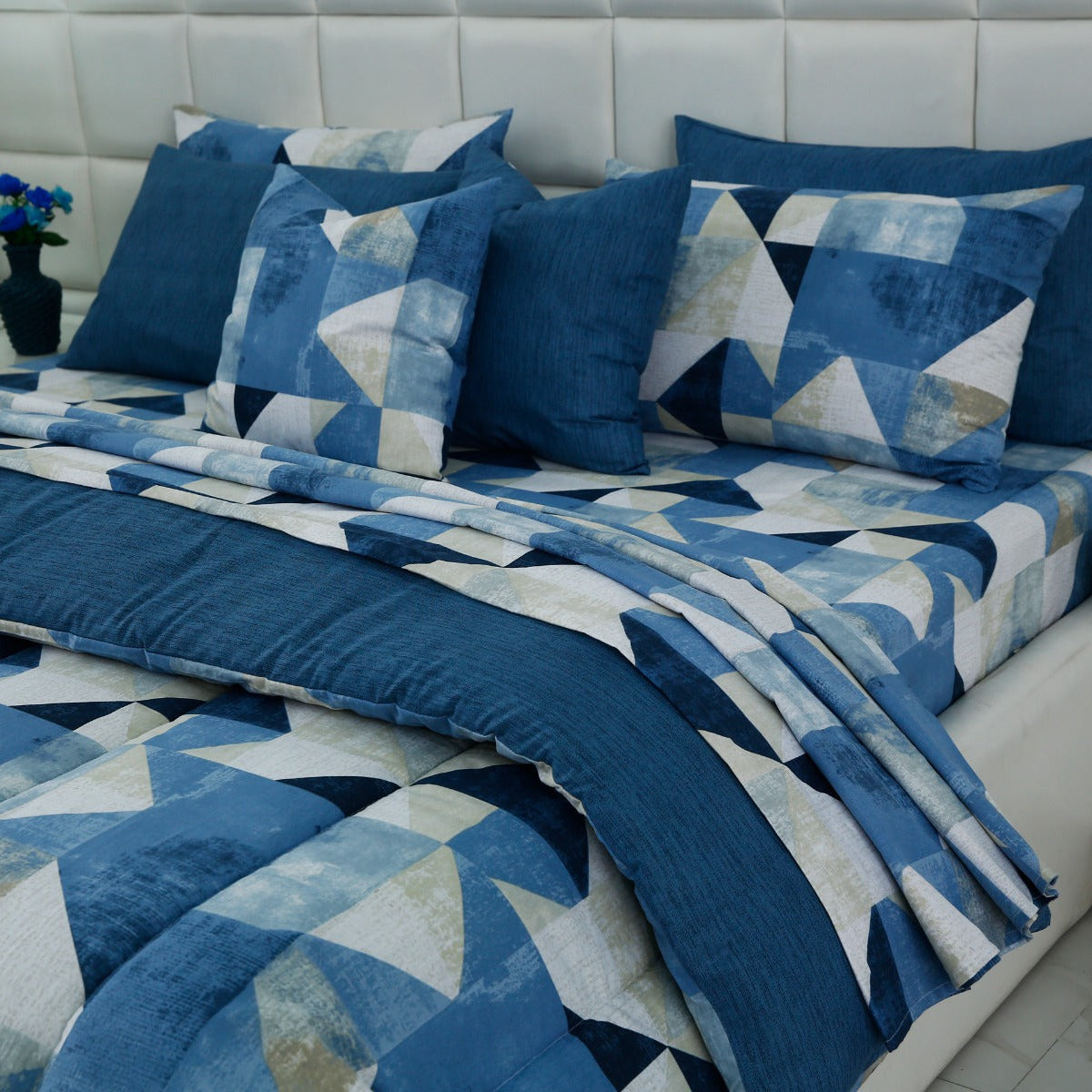 8 PCs Premium Winter Razai Set- Blue Mosaic Comforters Apricot