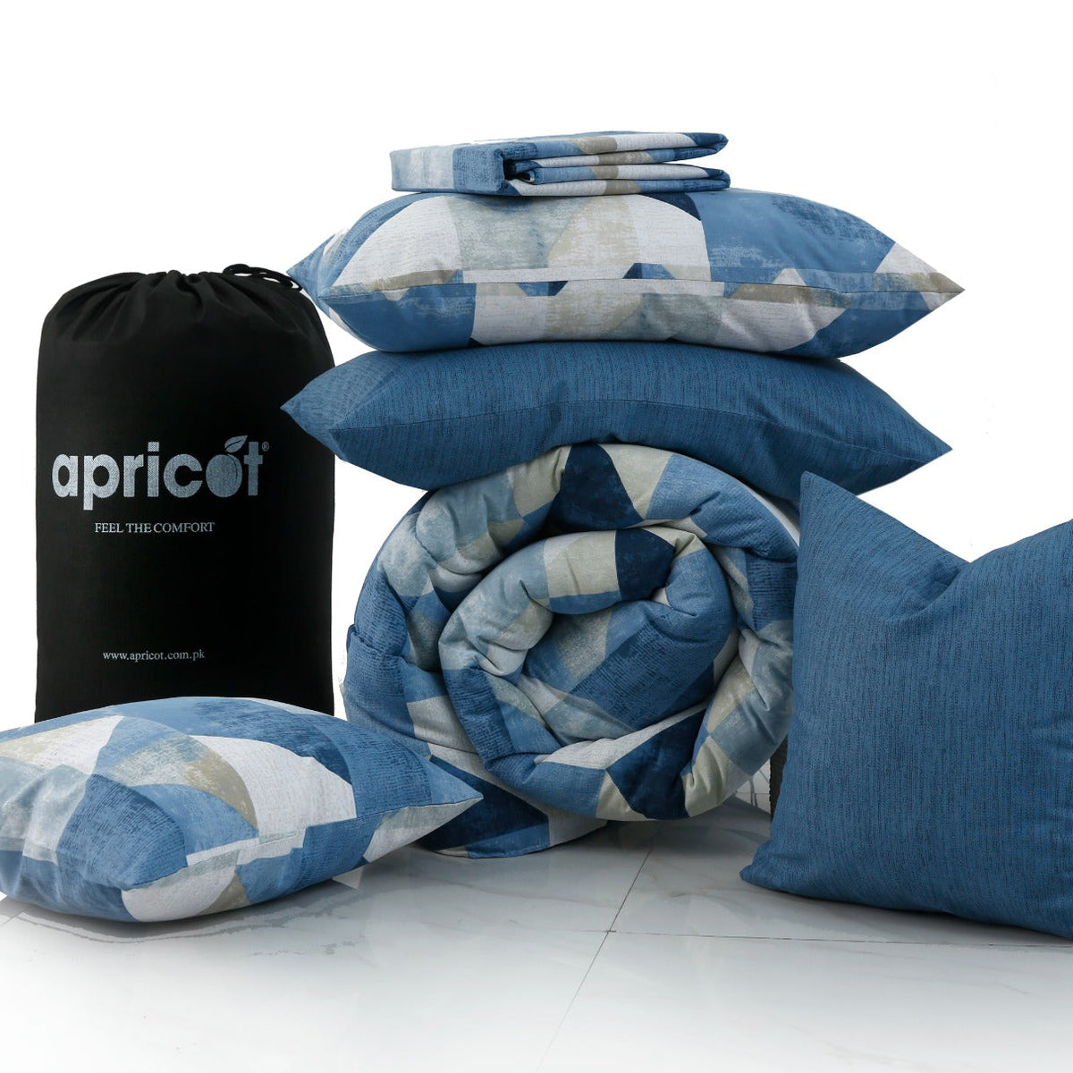 8 PCs Premium Winter Razai Set- Blue Mosaic Comforters Apricot