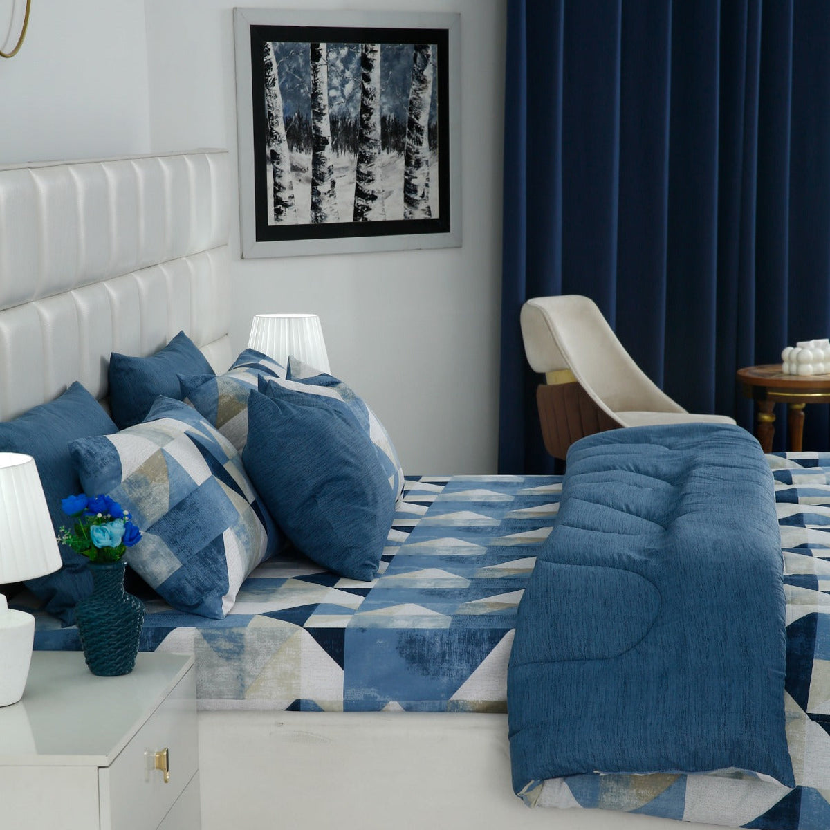 8 PCs Premium Winter Razai Set- Blue Mosaic Comforters Apricot