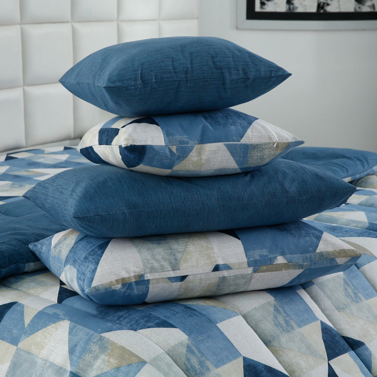 8 PCs Premium Winter Razai Set- Blue Mosaic Comforters Apricot