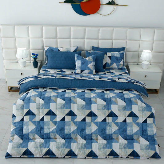 8 PCs Premium Winter Razai Set- Blue Mosaic Comforters Apricot