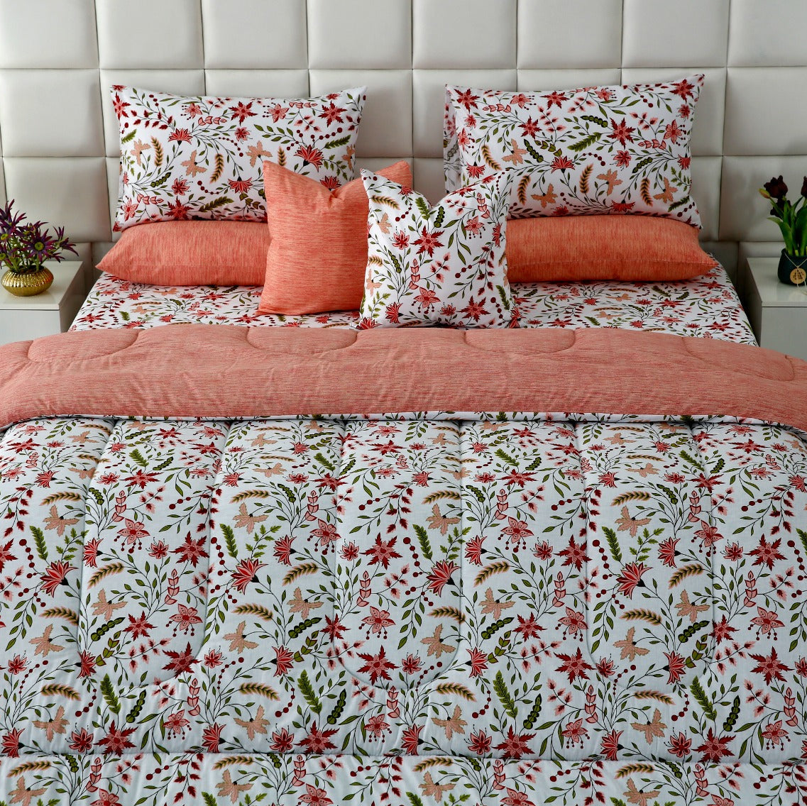 8 PCs Premium Winter Razai Set- Autumn Petals Comforters Apricot