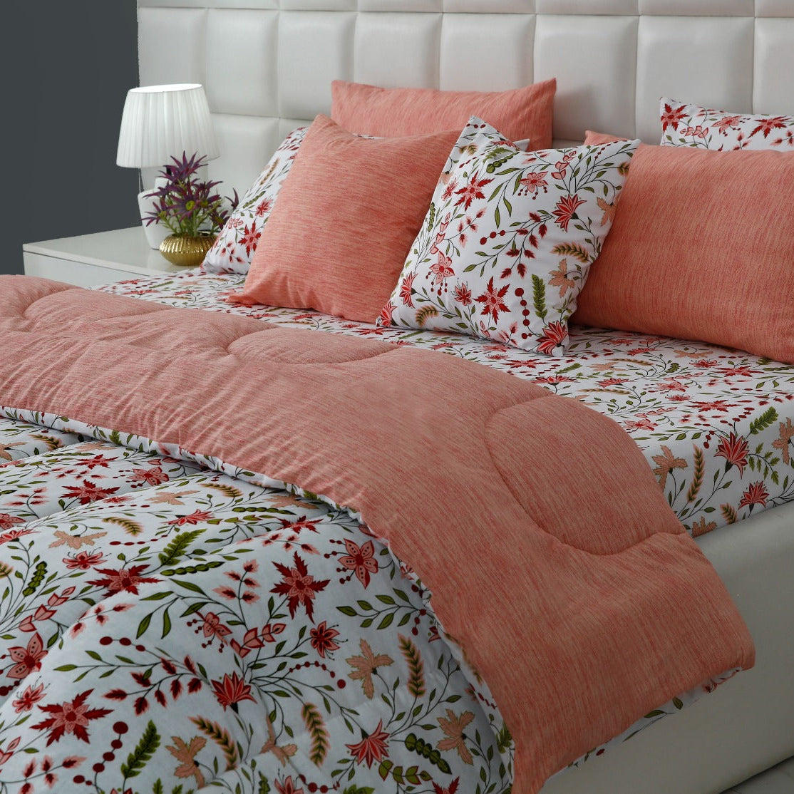 8 PCs Premium Winter Razai Set- Autumn Petals Comforters Apricot