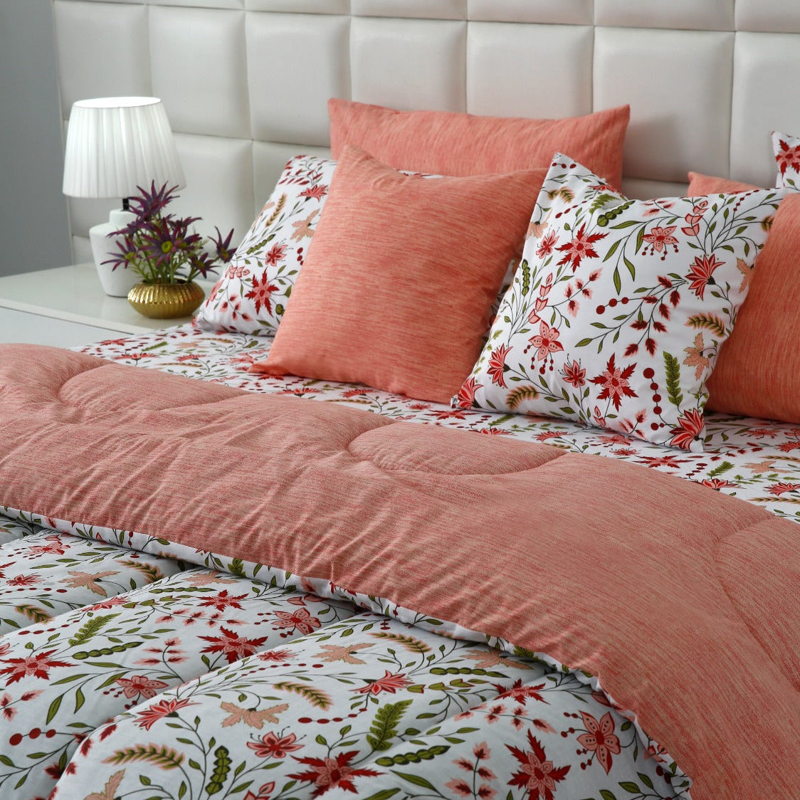 8 PCs Premium Winter Razai Set- Autumn Petals Comforters Apricot