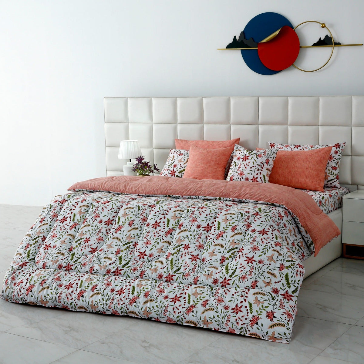 8 PCs Premium Winter Razai Set- Autumn Petals Comforters Apricot