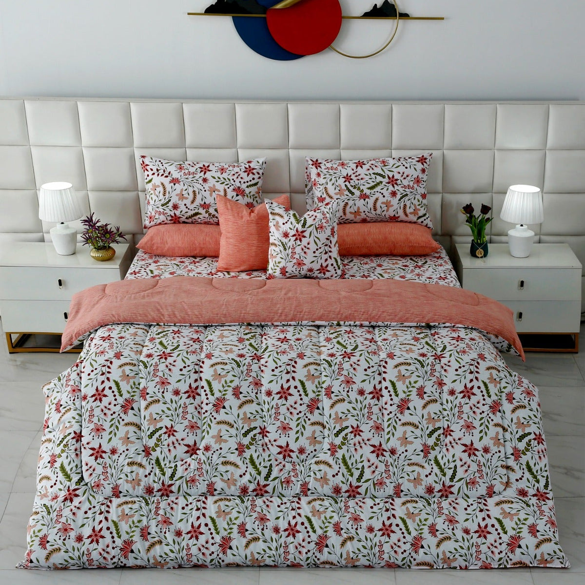 8 PCs Premium Winter Razai Set- Autumn Petals Comforters Apricot