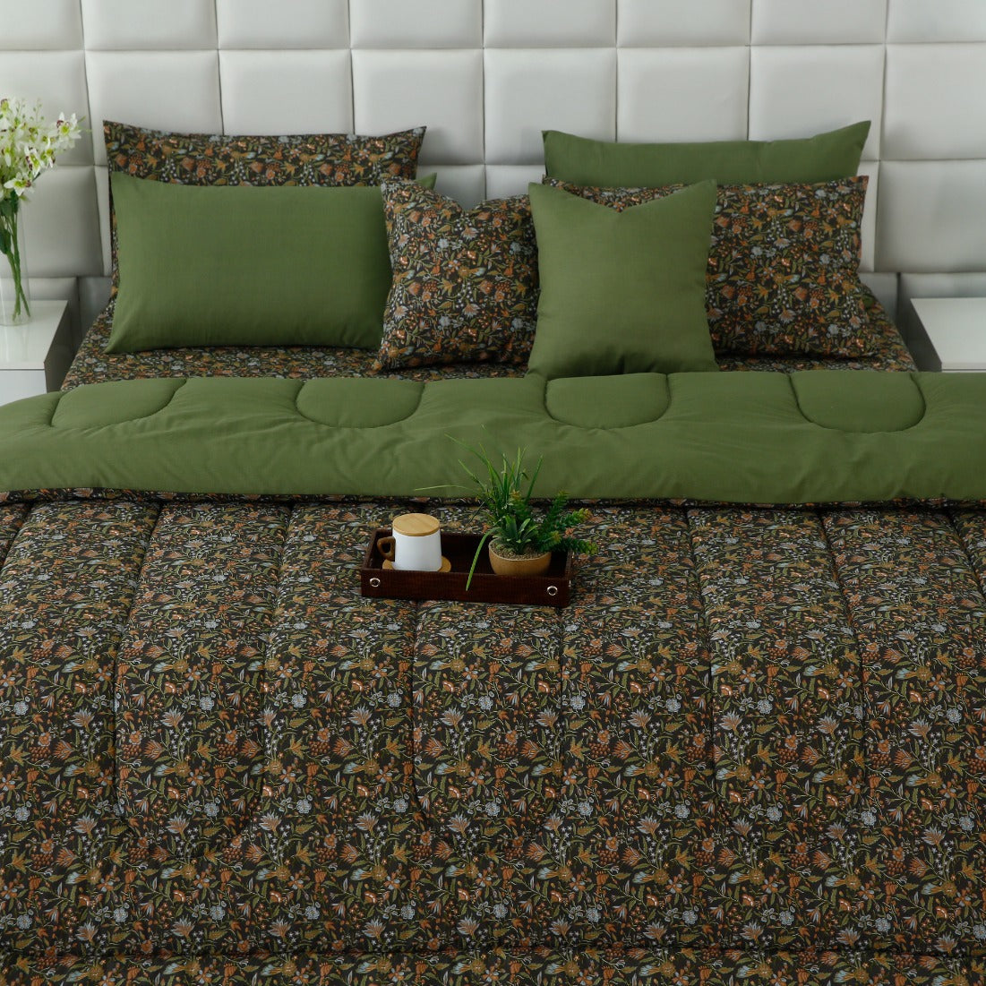 8 PCs Premium Winter Razai Set- Olive Grove