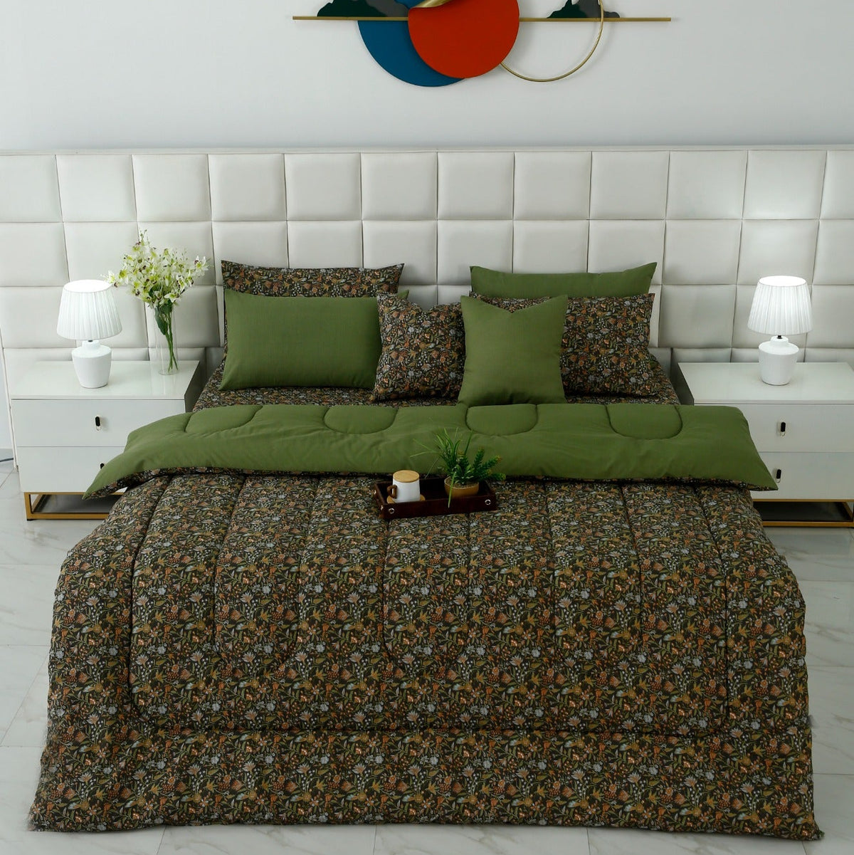 8 PCs Premium Winter Razai Set- Olive Grove