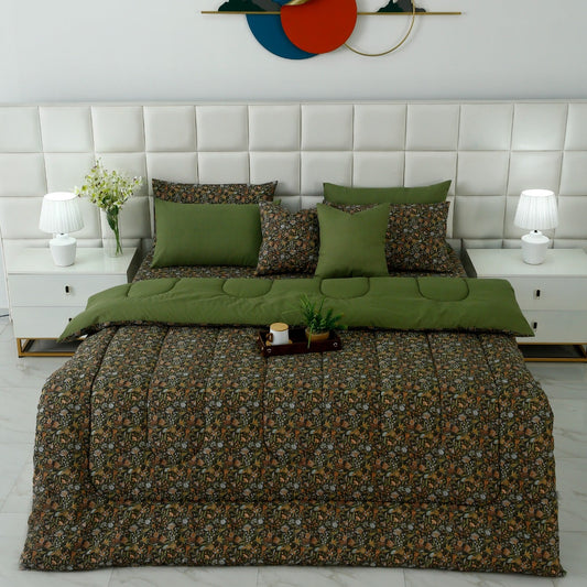8 PCs Premium Winter Razai Set- Olive Grove