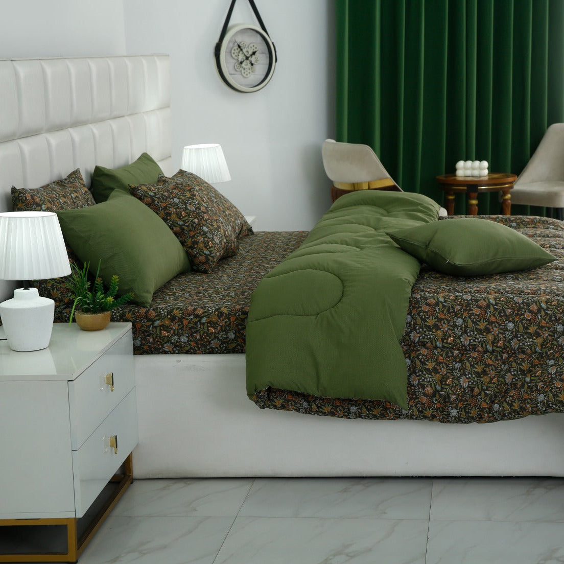 8 PCs Premium Winter Razai Set- Olive Grove