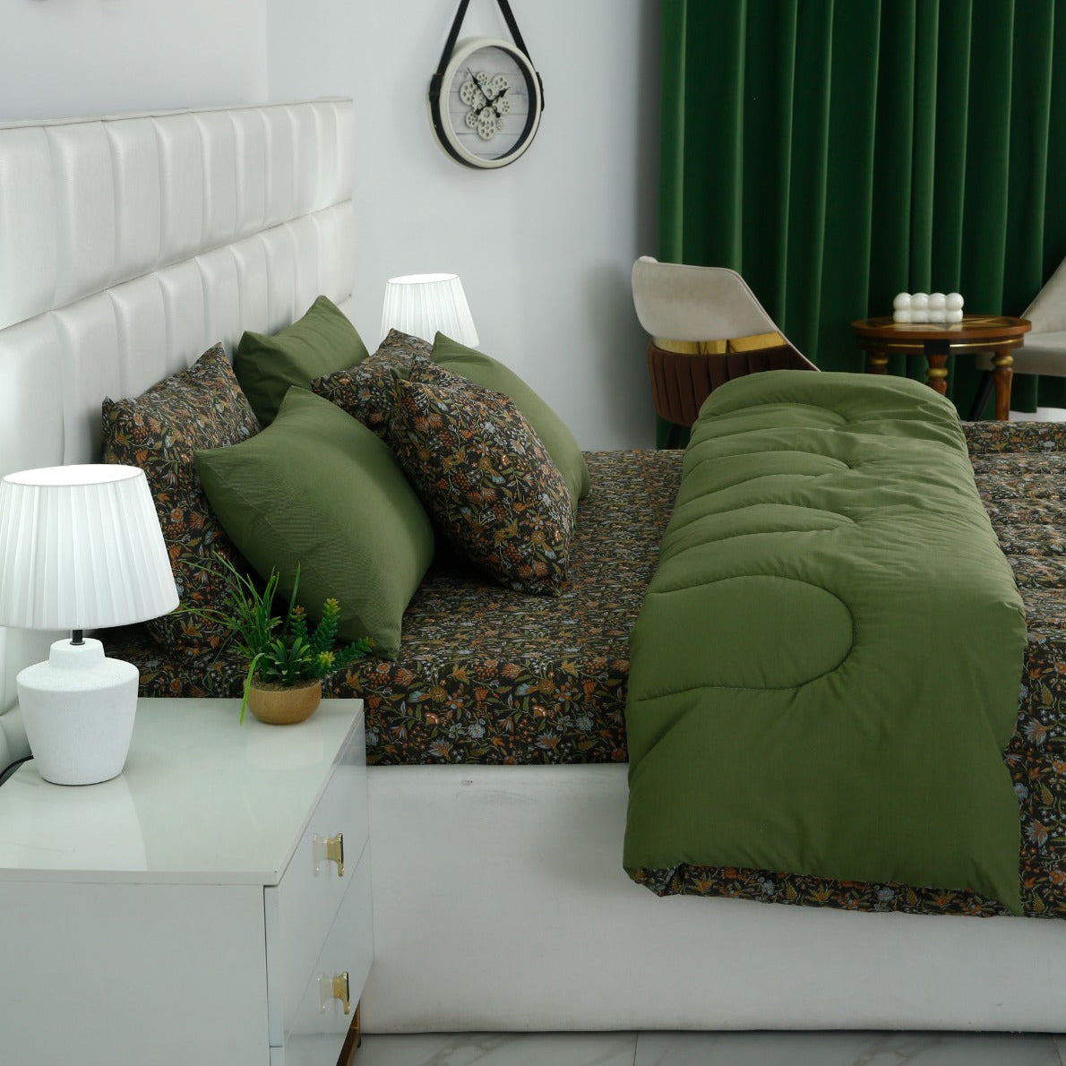 8 PCs Premium Winter Razai Set- Olive Grove