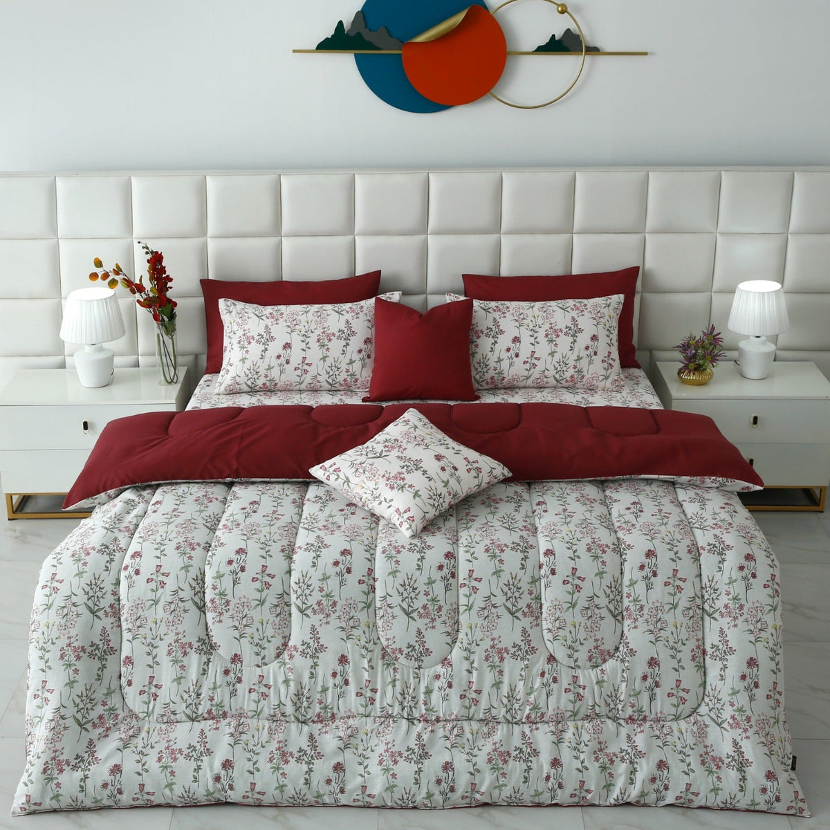 8 PCs Premium Winter Razai Set- Ruby Meadow Comforters Apricot