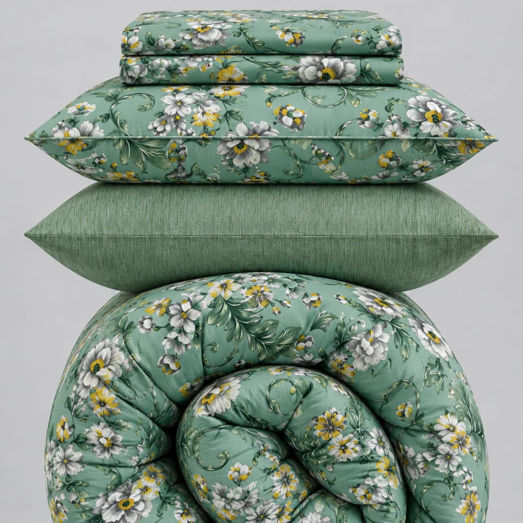 8 PCs Premium Winter Razai Set- Sage Blossom Comforters Apricot