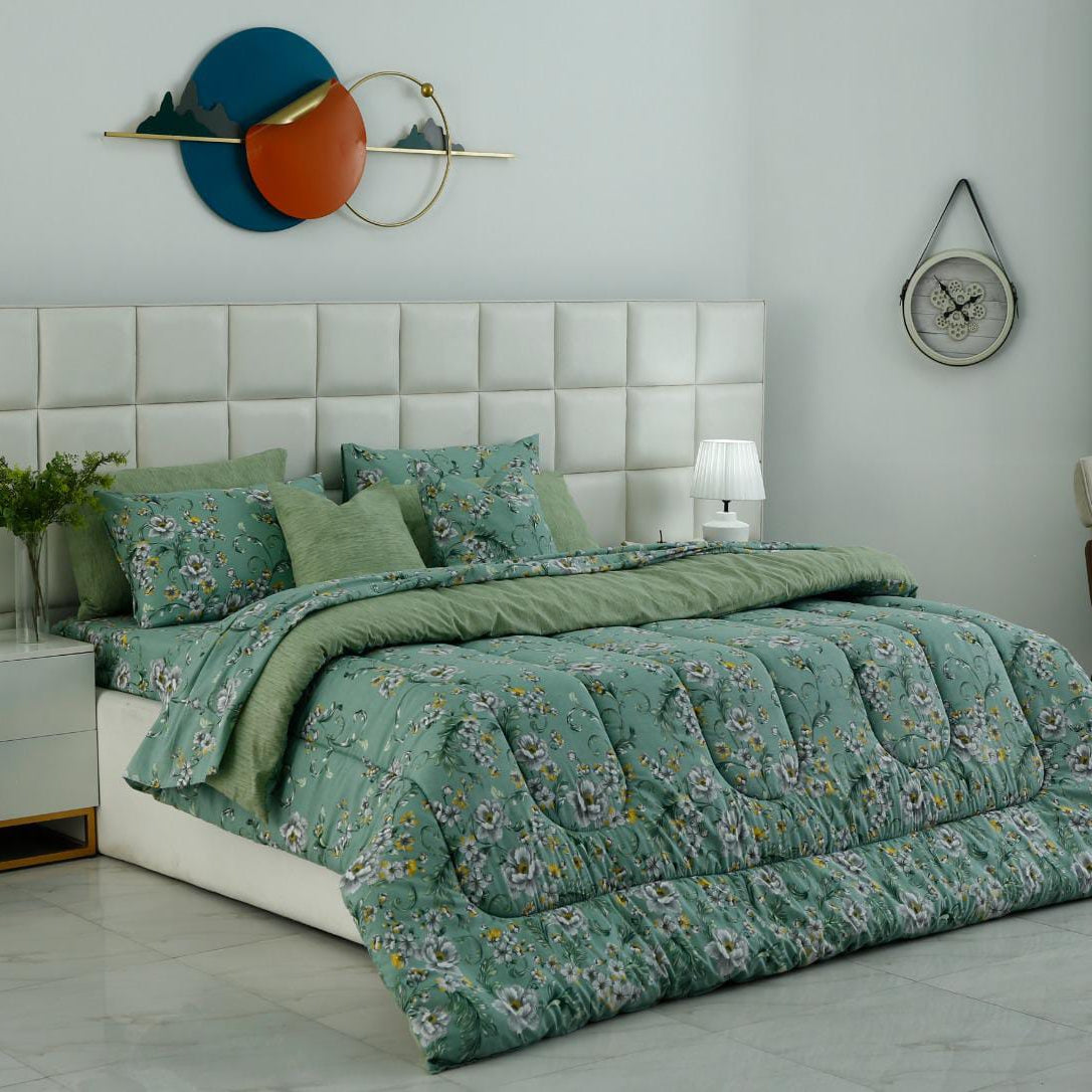 8 PCs Premium Winter Razai Set- Sage Blossom Comforters Apricot