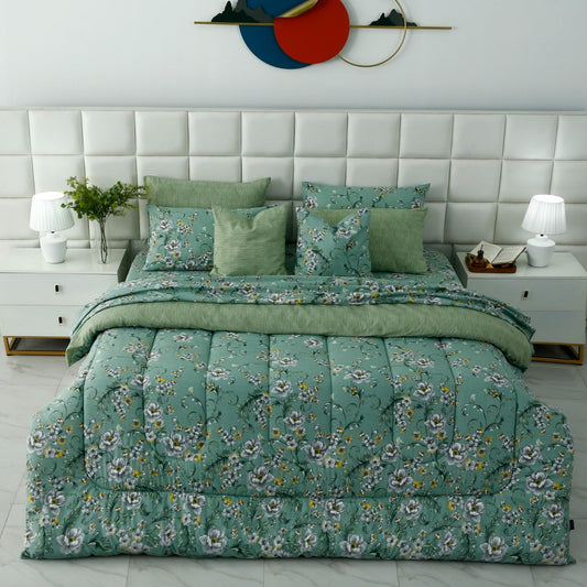 8 PCs Premium Winter Razai Set- Sage Blossom Comforters Apricot