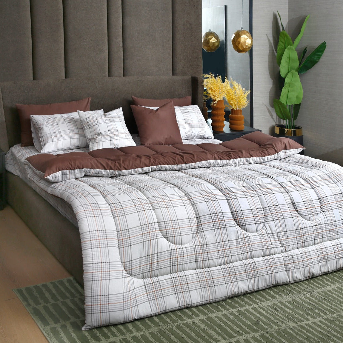 8 PCs Premium Winter Razai Set- Cocoa Check Comforters Apricot