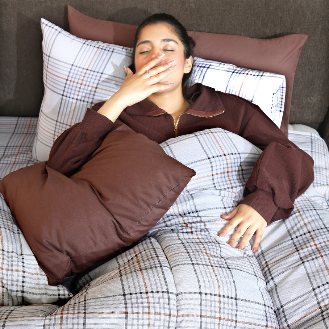 8 PCs Premium Winter Razai Set- Cocoa Check Comforters Apricot