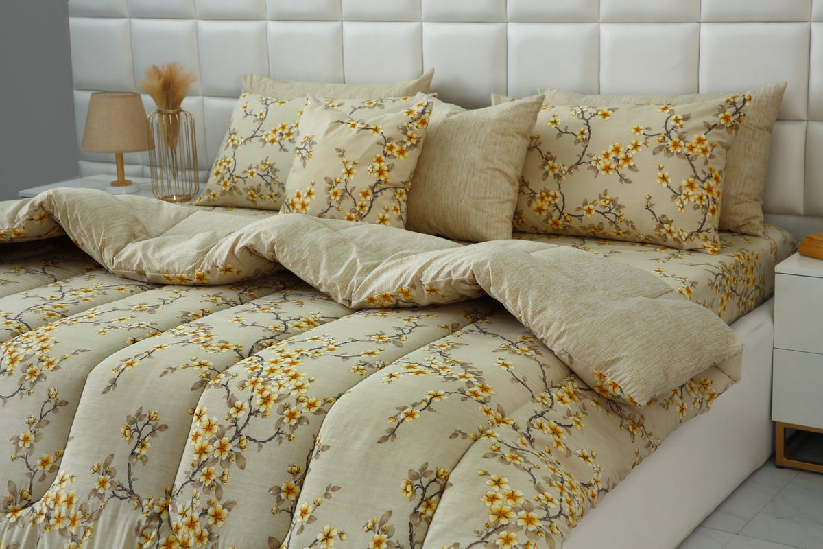 8 PCs Premium Winter Razai Set- Primrose Glow Comforters Apricot