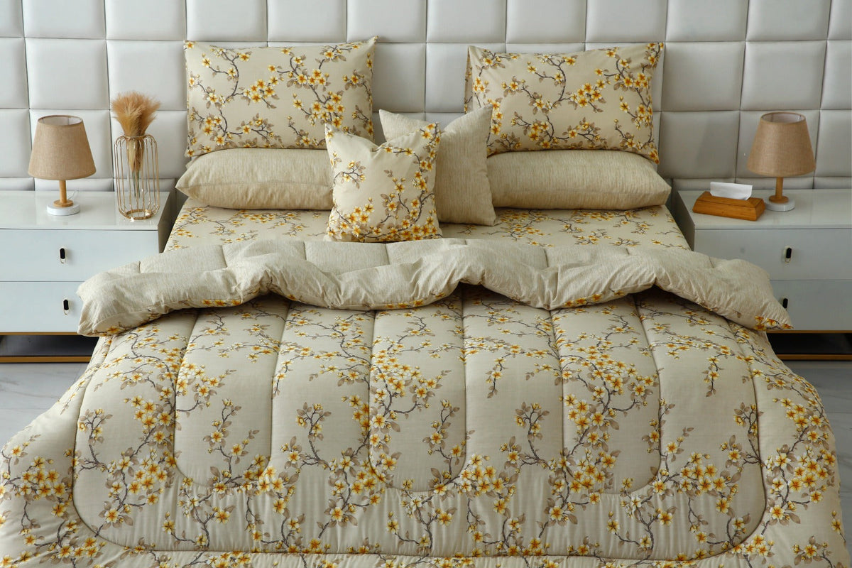 8 PCs Premium Winter Razai Set- Primrose Glow Comforters Apricot