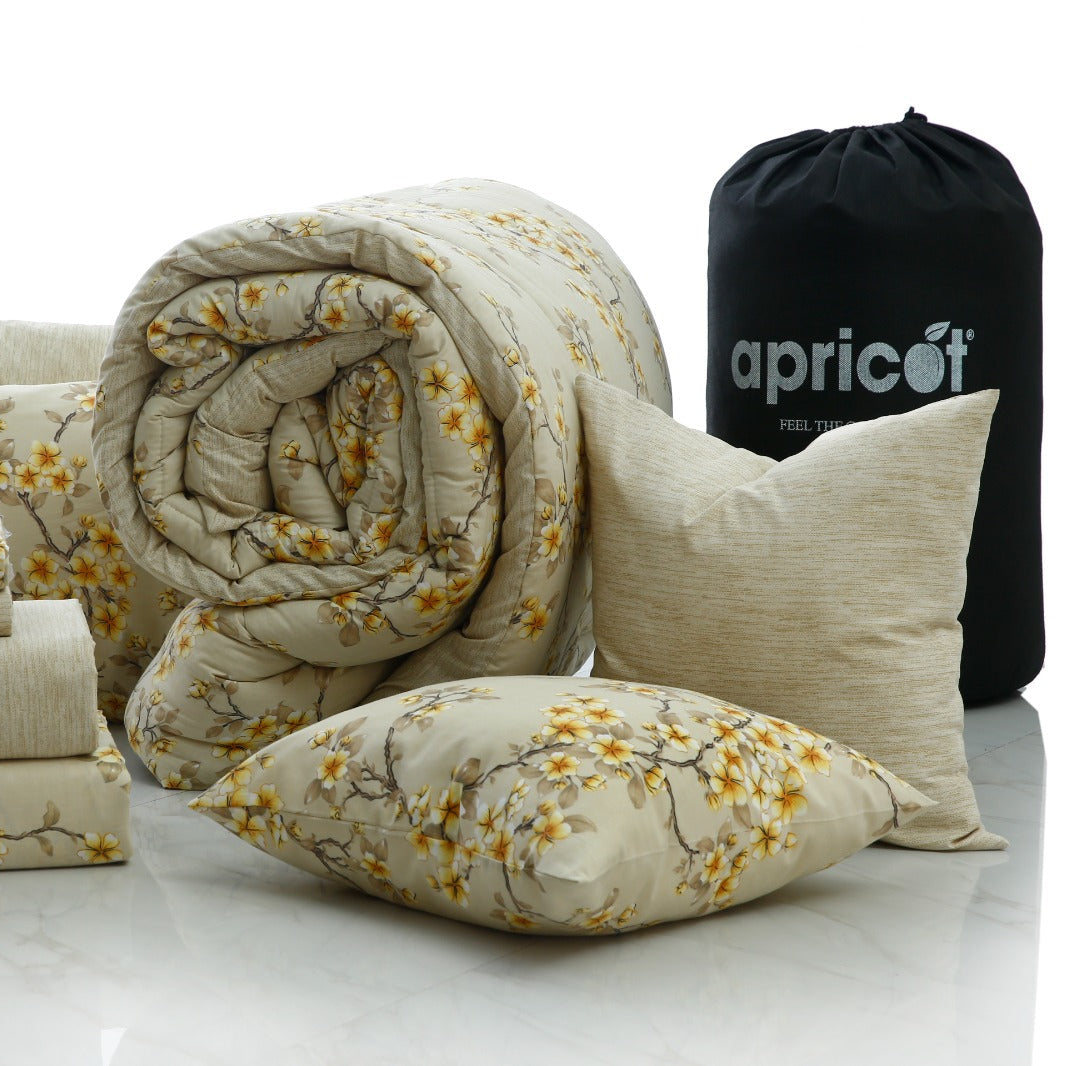 8 PCs Premium Winter Razai Set- Primrose Glow Comforters Apricot