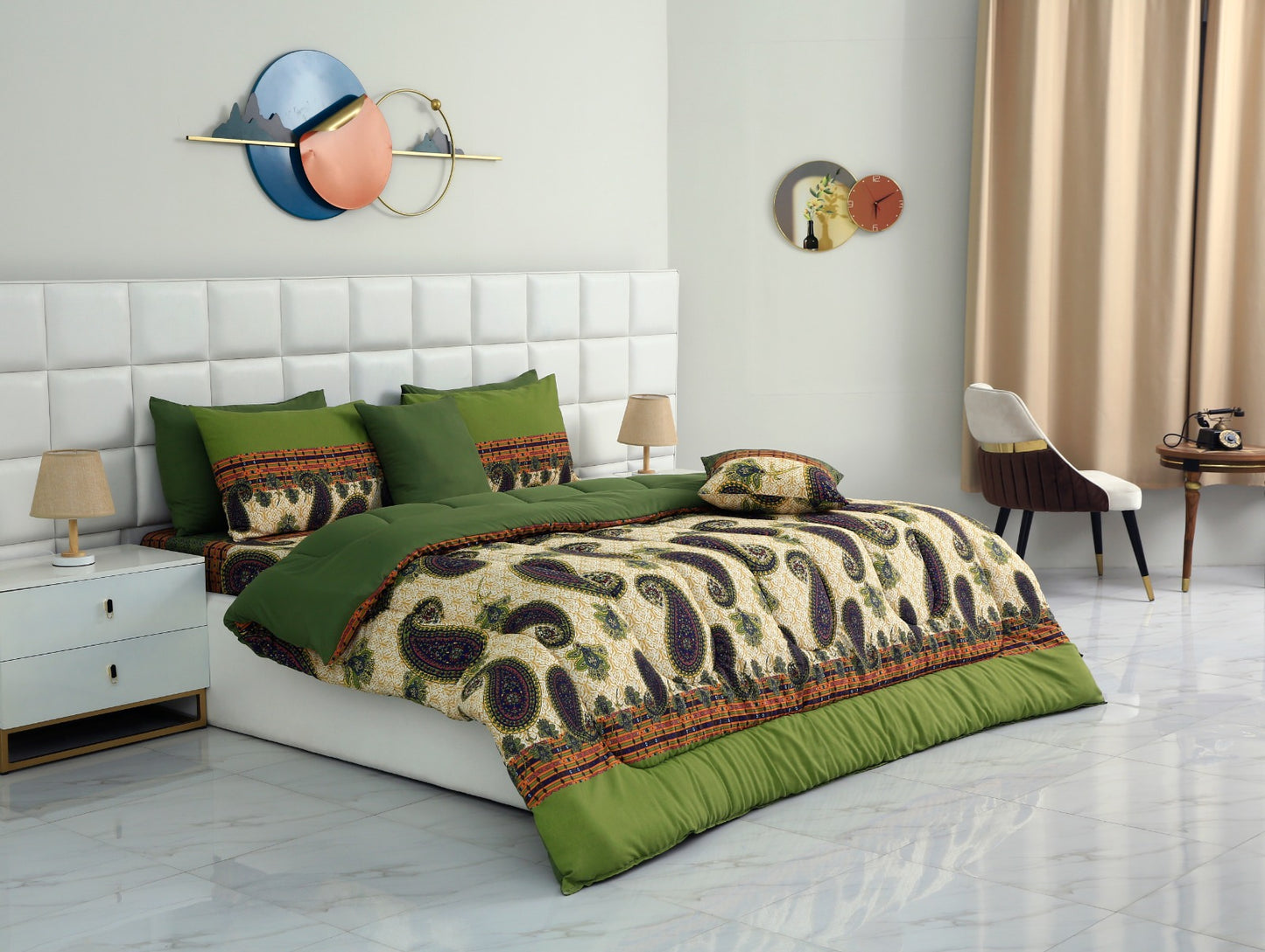 5 PCs Single Comforter Set-Green Paisleys Comforters Apricot