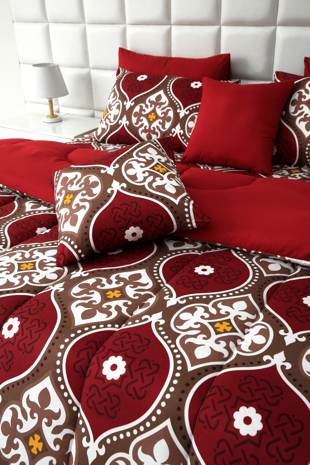 8 PCs Winter Comforter Set-Brown Crown(Maroon Reverse) Comforters Apricot