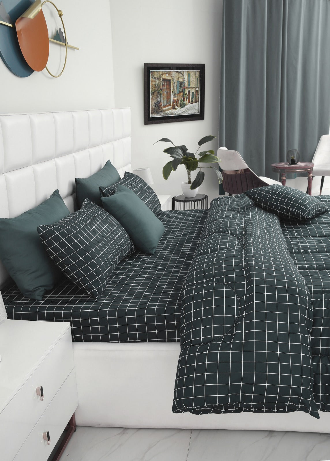 8 PCs Winter Comforter Set-Grey Check Comforters Apricot