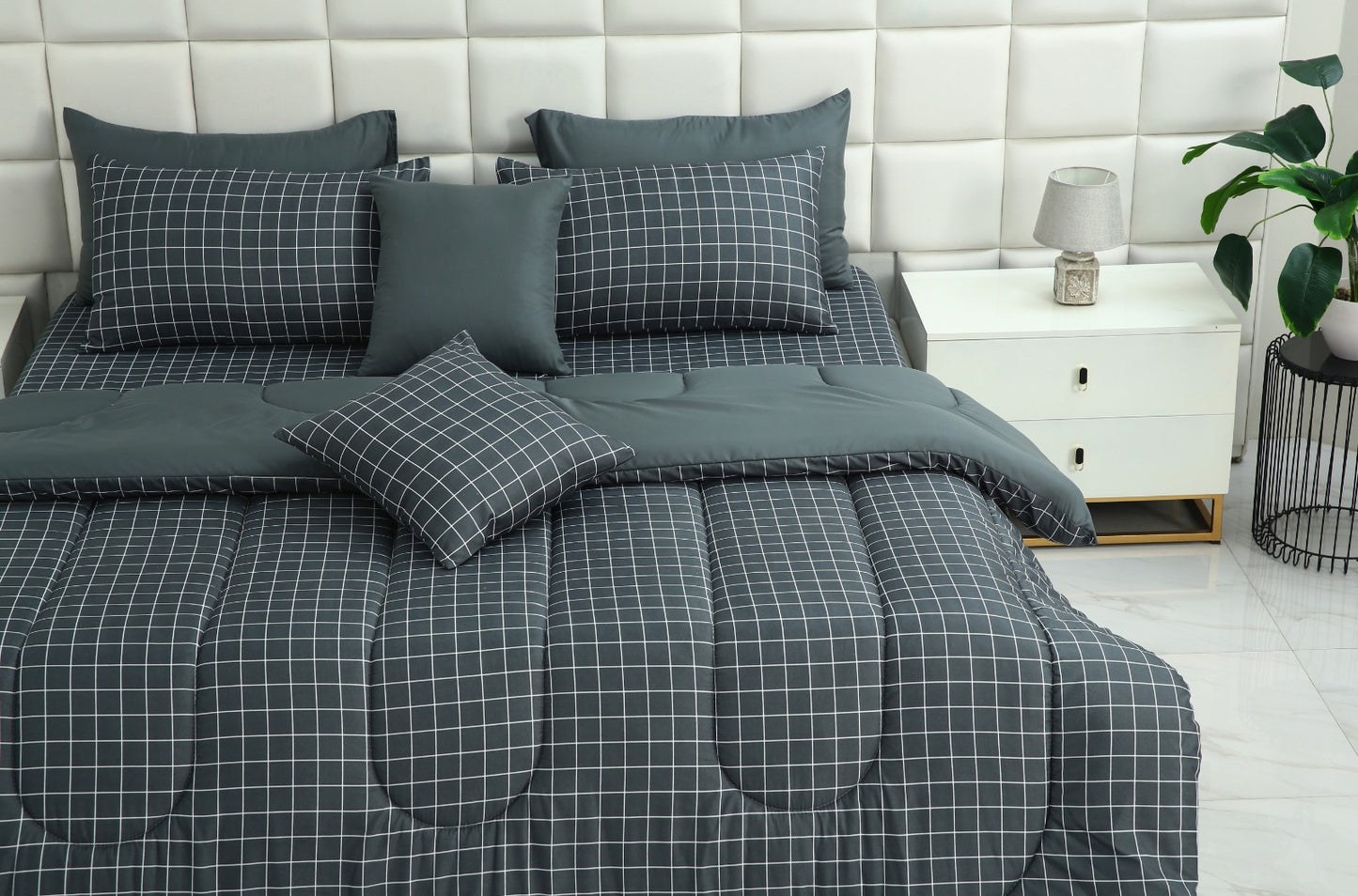 8 PCs Winter Comforter Set-Grey Check Comforters Apricot