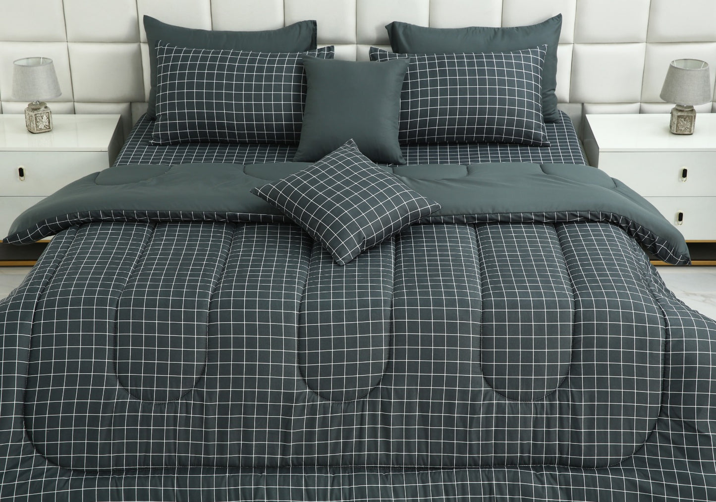 8 PCs Winter Comforter Set-Grey Check Comforters Apricot