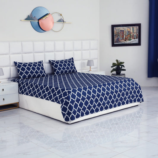 3 PCs Double Bed Sheet -Blue Geometric Bed Sheets Apricot