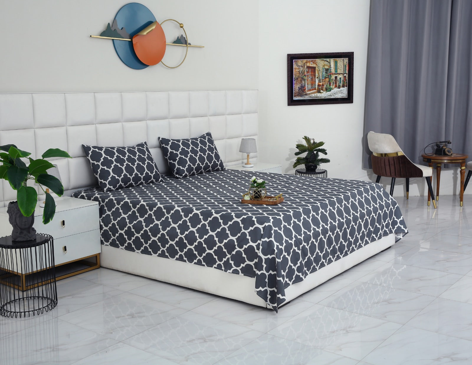 3 PCs Double Bed Sheet -Blue Geometric Bed Sheets Apricot