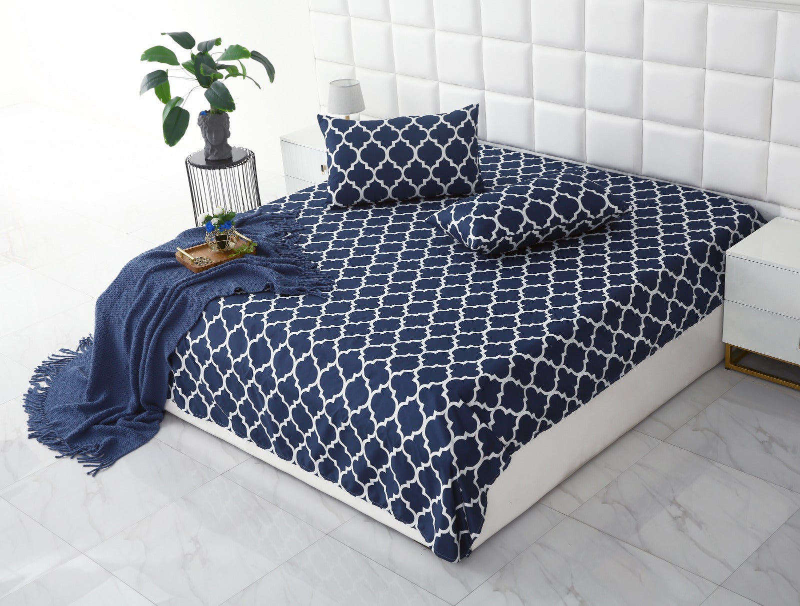 3 PCs Double Bed Sheet -Blue Geometric Bed Sheets Apricot