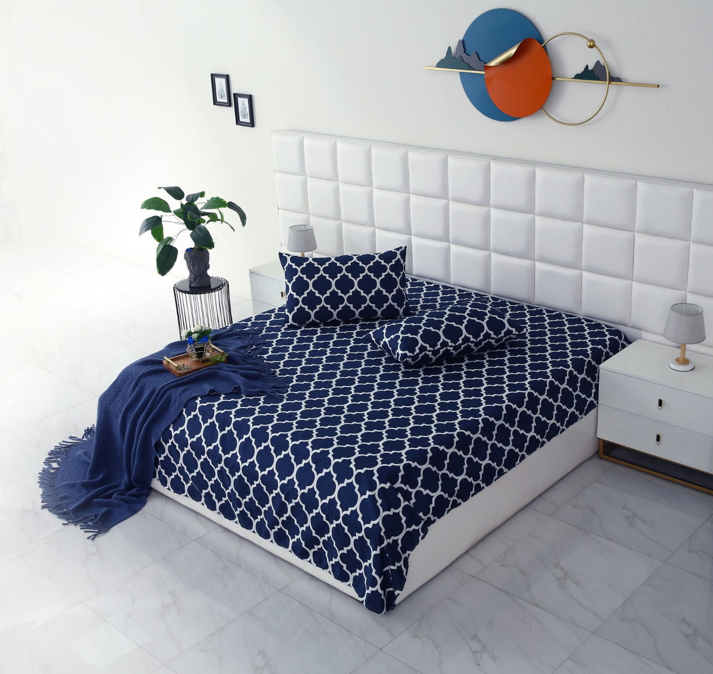 3 PCs Double Bed Sheet -Blue Geometric Bed Sheets Apricot