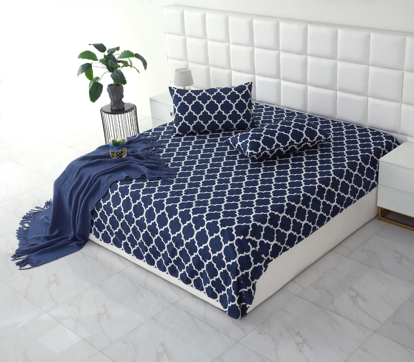 3 PCs Double Bed Sheet -Blue Geometric Bed Sheets Apricot