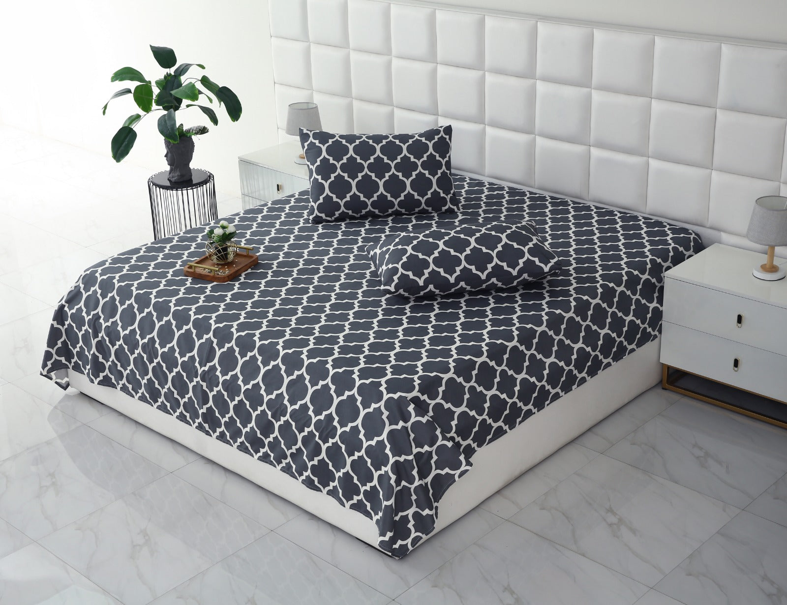 3 PCs Double Bed Sheet -Blue Geometric Bed Sheets Apricot