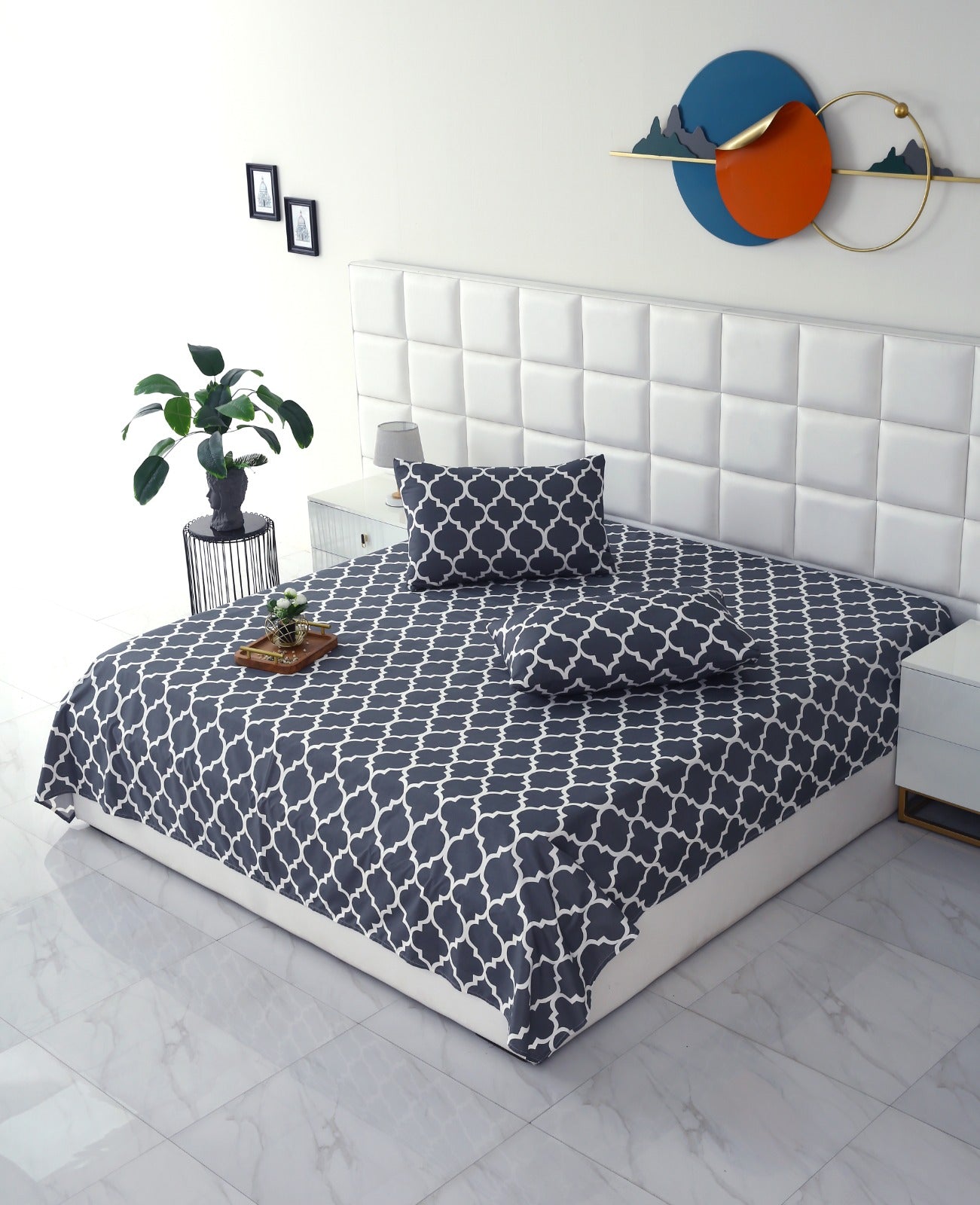 3 PCs Double Bed Sheet -Blue Geometric Bed Sheets Apricot