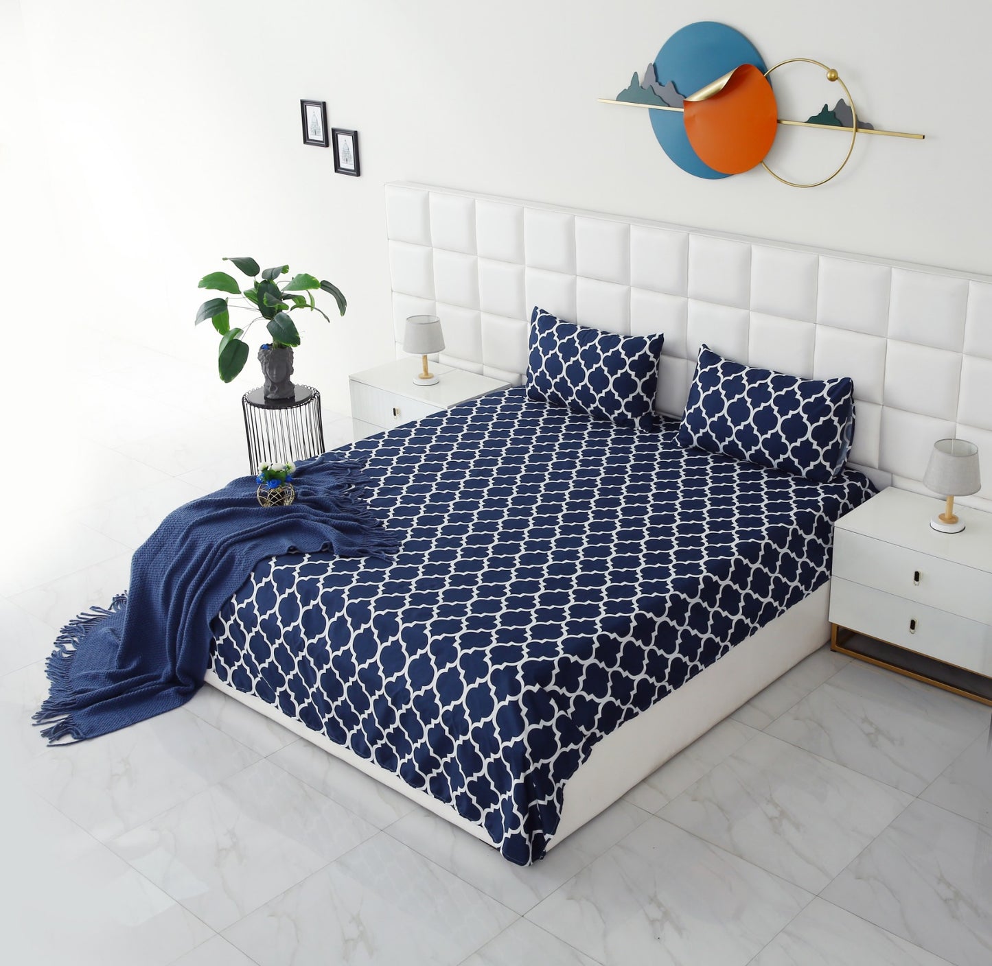 3 PCs Double Bed Sheet -Blue Geometric Bed Sheets Apricot