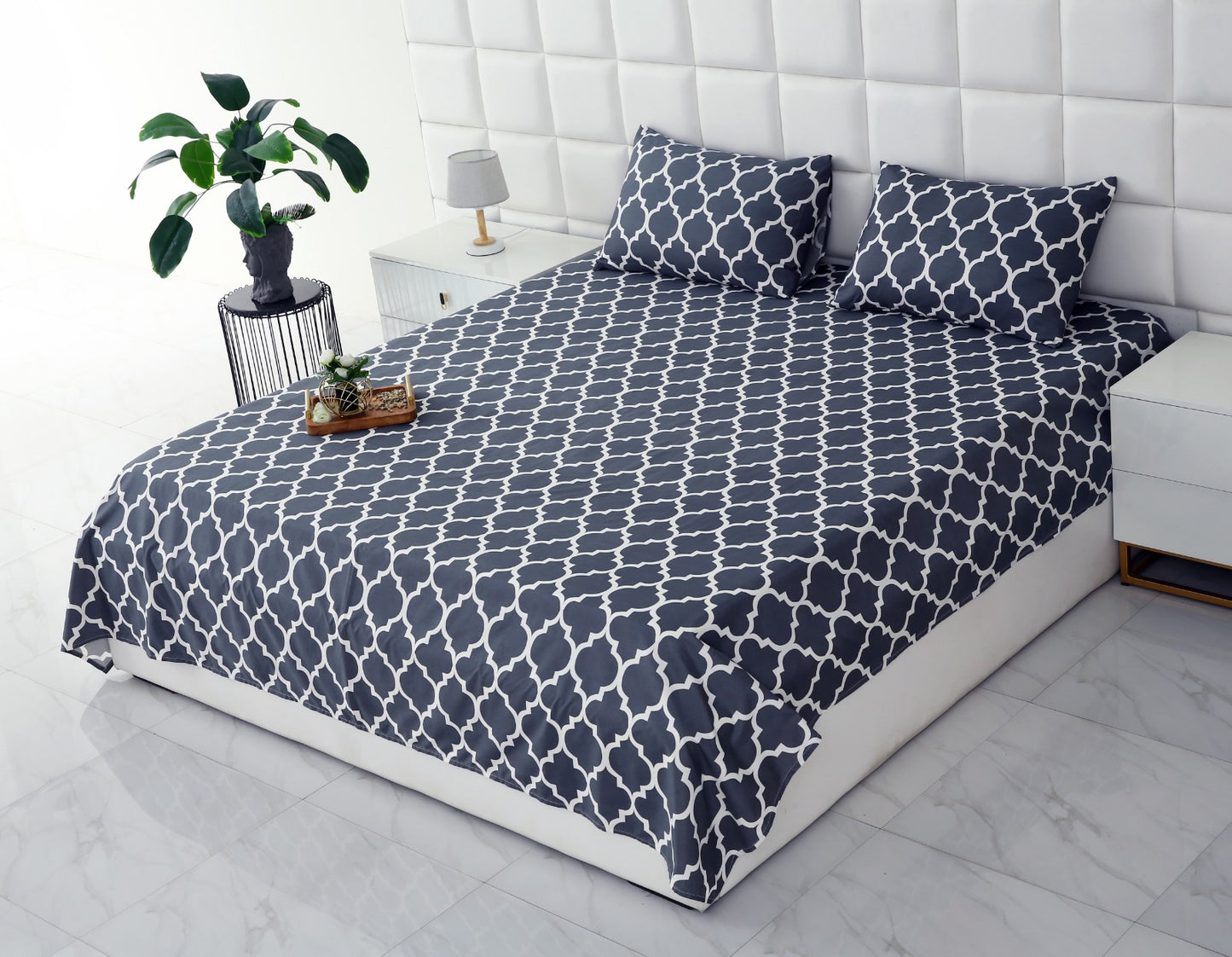 3 PCs Double Bed Sheet -Blue Geometric Bed Sheets Apricot