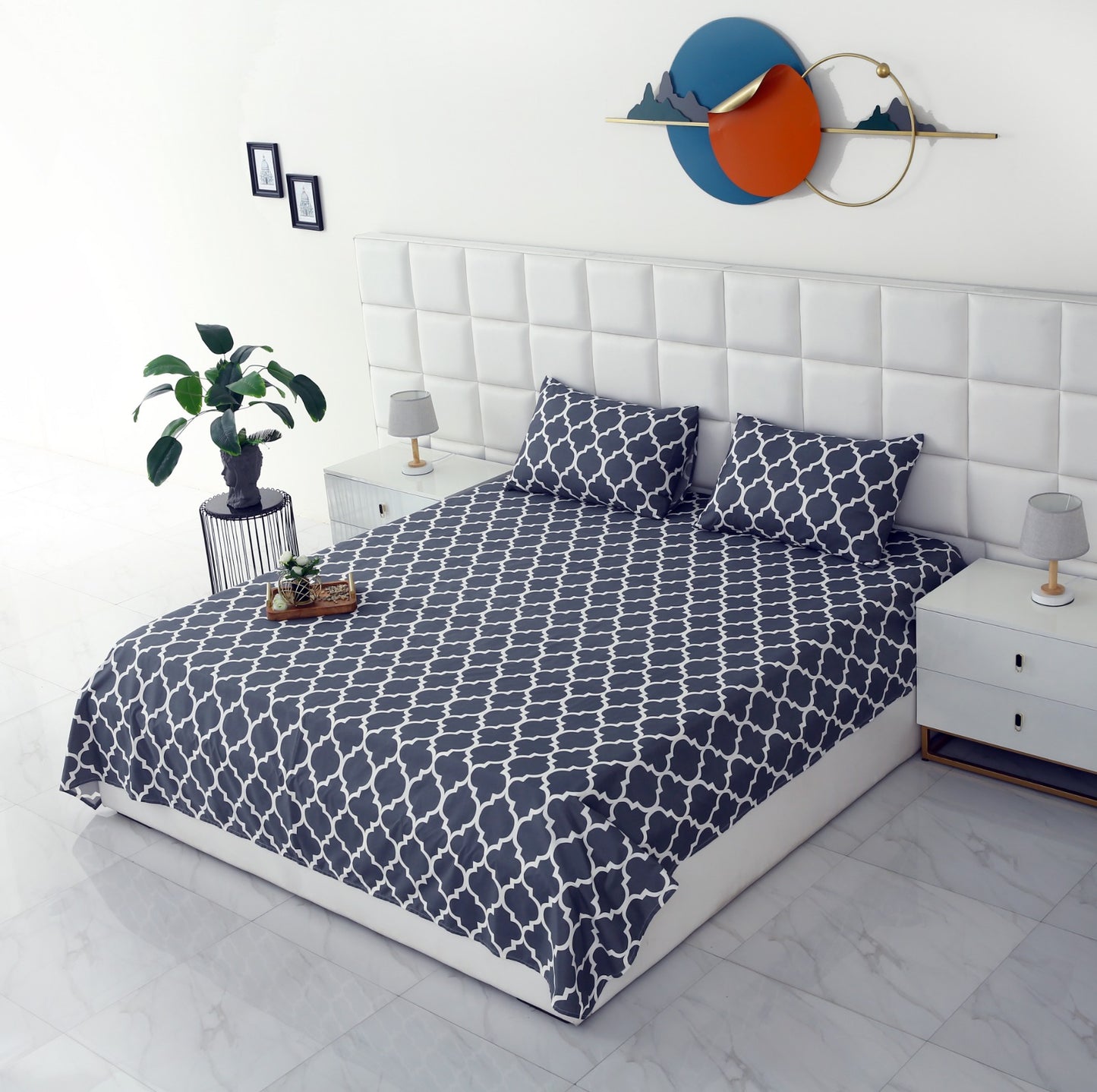 3 PCs Double Bed Sheet -Blue Geometric Bed Sheets Apricot