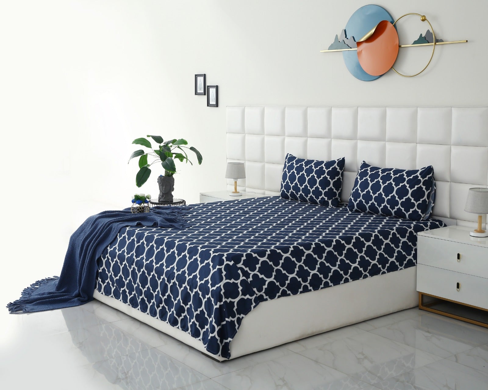 3 PCs Double Bed Sheet -Blue Geometric Bed Sheets Apricot