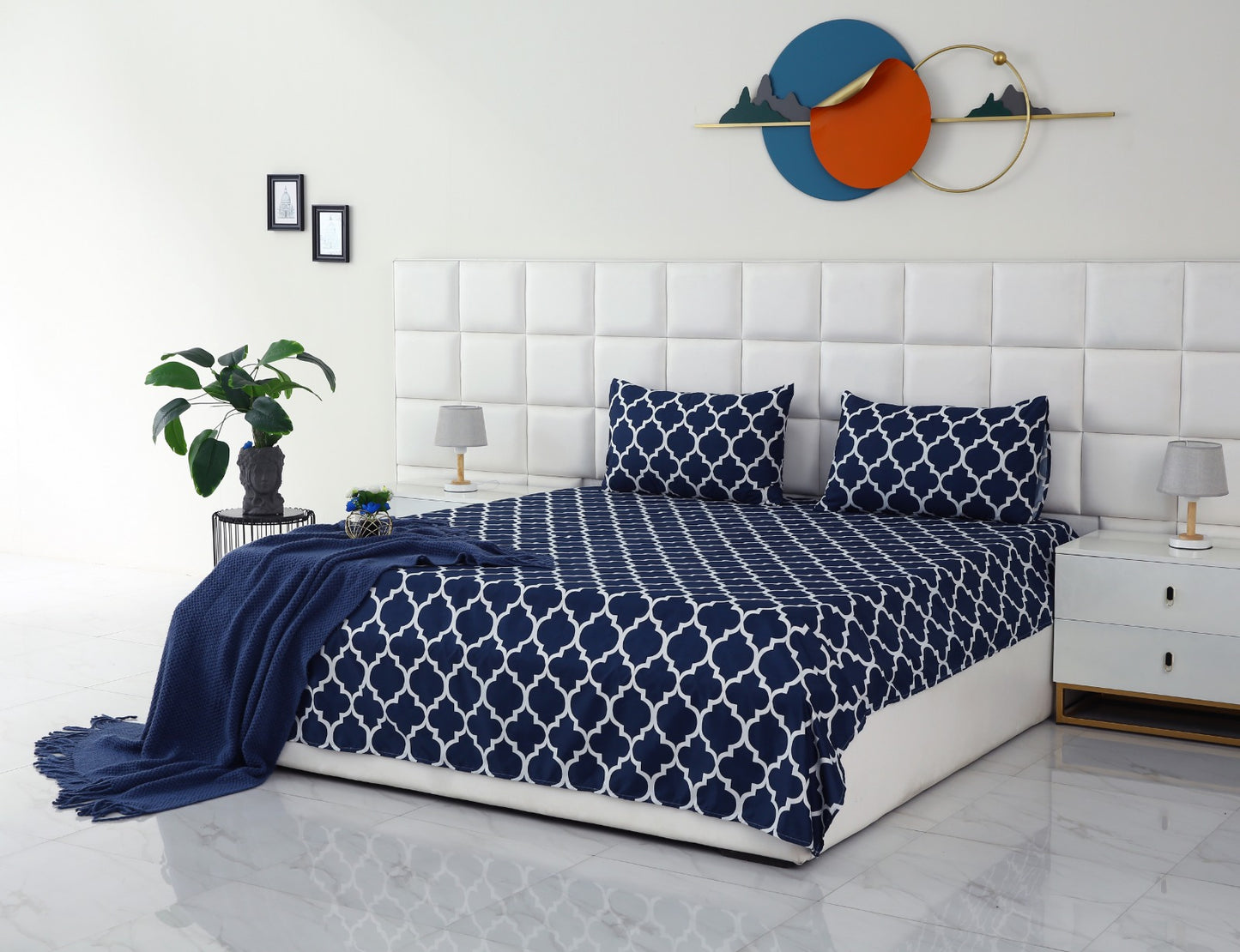 3 PCs Double Bed Sheet -Blue Geometric Bed Sheets Apricot