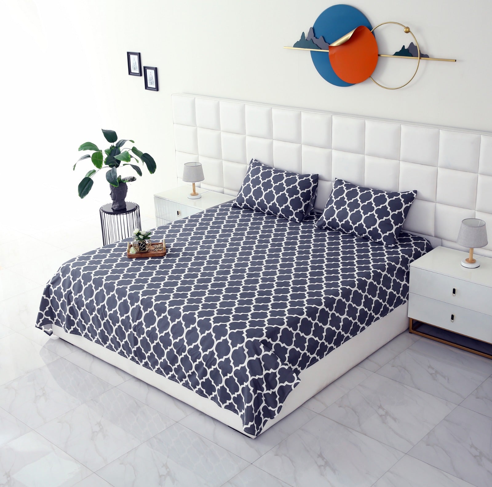 3 PCs Double Bed Sheet -Blue Geometric Bed Sheets Apricot