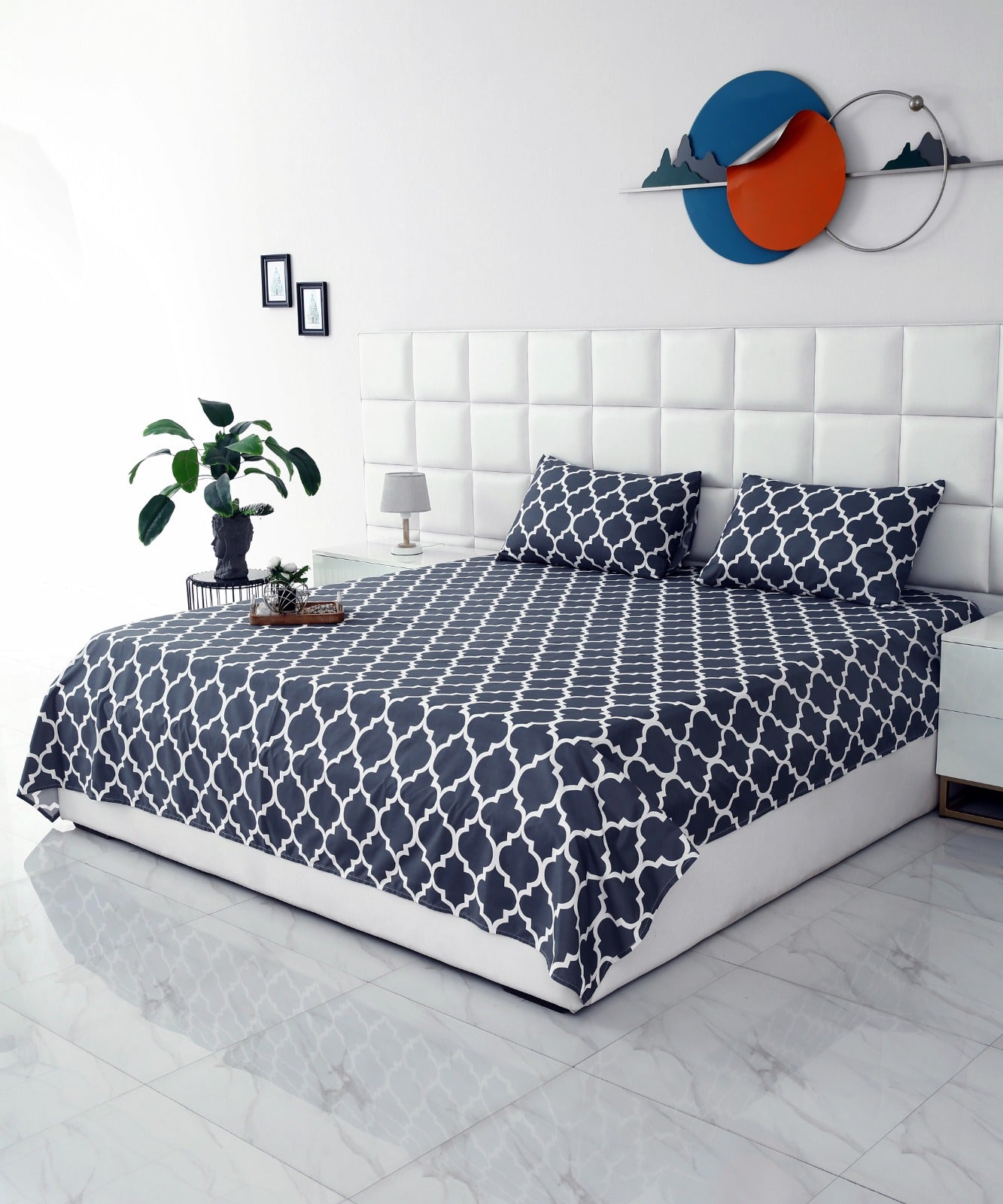 3 PCs Double Bed Sheet -Blue Geometric Bed Sheets Apricot