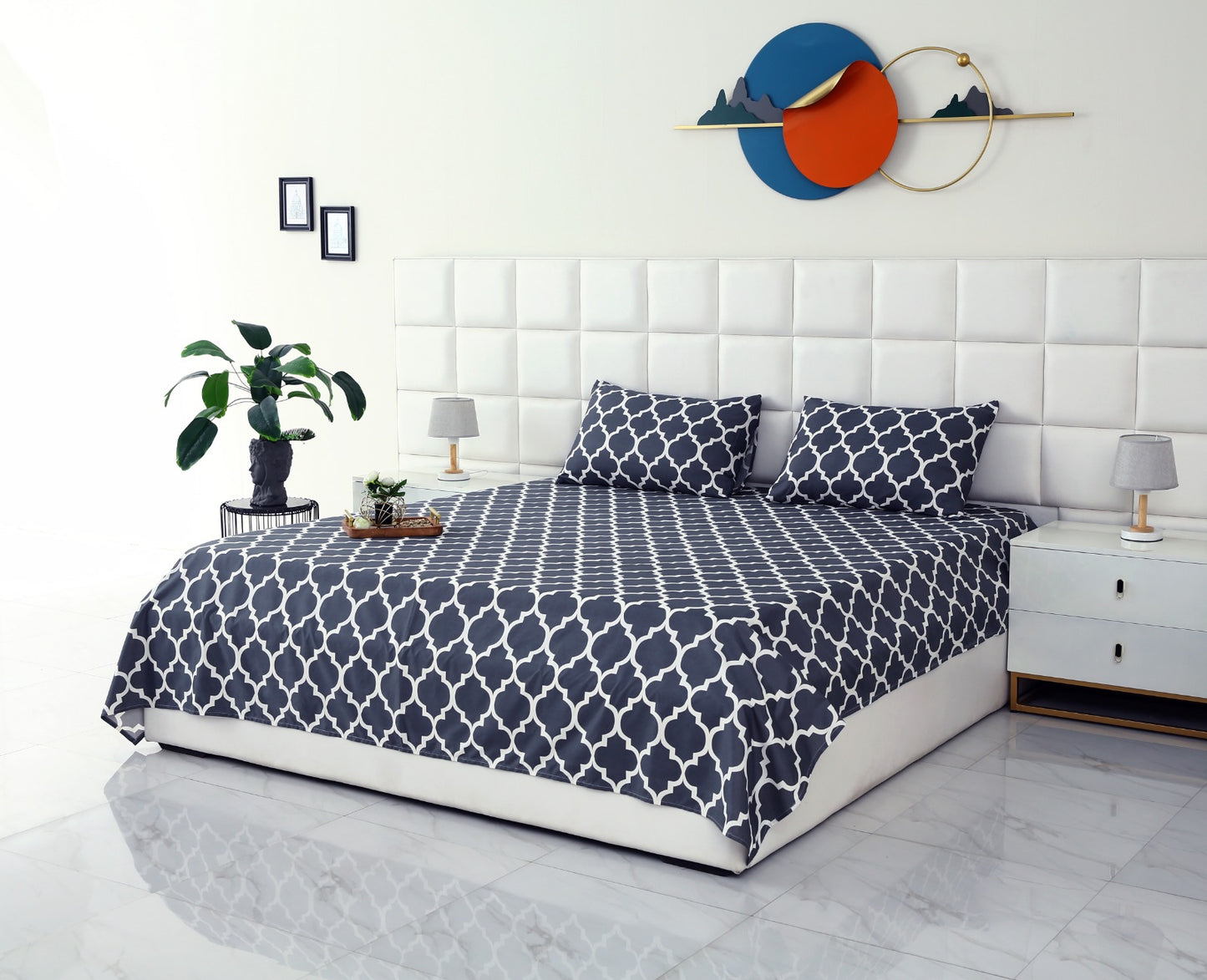 3 PCs Double Bed Sheet -Blue Geometric Bed Sheets Apricot