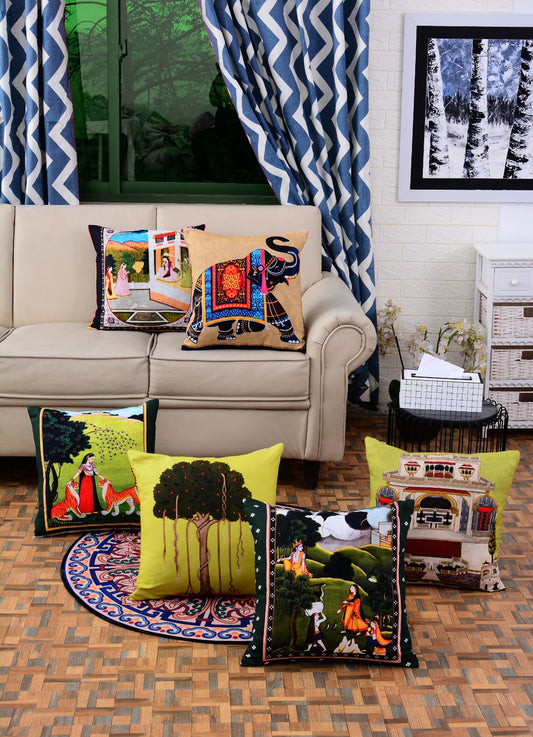 Digital Printed Cushions Assorted 6 PCs-Mughal Art cushions Apricot